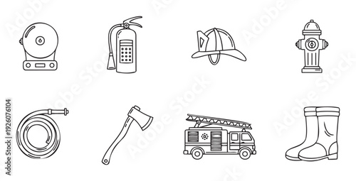 A comprehensive collection of essential firefighting equipment and safety tools for emergency response and protection applications suitable for educational content and professional service