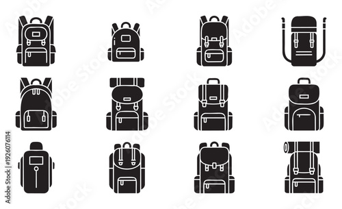 Collection of diverse backpack and travel bag glyph icons perfect for outdoor adventure mobile application interfaces, website graphics, or campingthemed informational projects