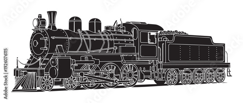 Impressive vintage steam locomotive engine with a fully loaded tender, perfect for educational materials, historical documentaries, and various graphic presentations.
