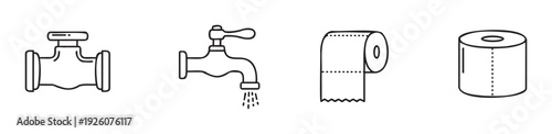 Essential line icons for bathroom and plumbing services featuring a pipe valve, dripping water tap, and two toilet paper rolls, perfect for utility service advertisements and hygiene