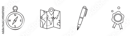 Essential tools for exploration and documentation including a navigation compass, a travel map, an elegant fountain pen, and an official wax seal, perfect for publishing and adventure