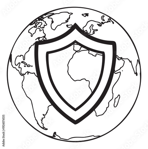 Global security concept showing a sturdy shield protecting the world map, ideal for illustrating international protection, cybersecurity, environmental safety, and worldwide defense