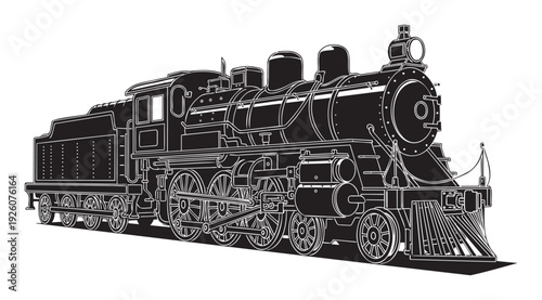 Classic steam locomotive with a vintage design for railway history projects, industrial transportation themes, and historical travel adventures