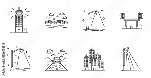 Collection of urban environment and city life outline icons featuring various buildings, street lights, a billboard, and a car, perfect for application development and web graphic projects.