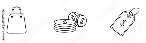 Simple line icons representing shopping bag, stacked dollar coins, and a price tag, ideal for illustrating ecommerce, retail, personal finance, economic growth, and online store concepts.