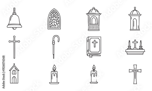 Collection of outlined Christian religious symbols and church elements for spiritual education, worship materials, and faithbased graphic design applications