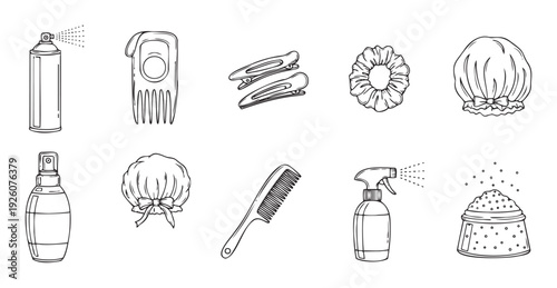 Essential hair care products, styling tools, and hair accessories for personal grooming, beauty routines, and professional salon use, ideal for educational content or product branding.