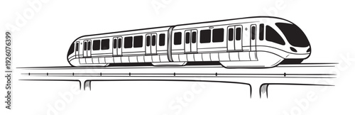 Modern elevated train transportation system line drawing showcasing rapid public transit infrastructure and urban development projects for various commercial applications