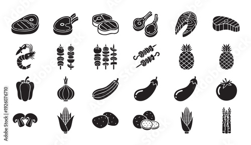 A versatile collection of black silhouette grill food icons featuring various meat cuts, seafood, and fresh vegetables, ideal for culinary projects, restaurant menus, and healthy eating