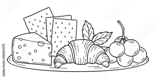 Delicious breakfast or snack assortment featuring gourmet cheese, crispy crackers, a flaky croissant, and fresh grapes served on a plate, perfect for food blogs, menu designs, or culinary