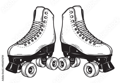 Classic black and white quad roller skates with laces and wheels ready for skating fun, perfect for sports lifestyle marketing materials and apparel designs