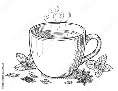 Hand drawn steaming mug of herbal tea with fresh mint leaves dried tea and star anise spice perfect for food and drink menus caf branding and cozy beverage promotions