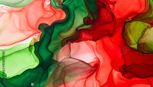 Vibrant Abstract Alcohol Ink Swirls of Red and Green.