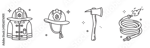 Line icons of crucial firefighting gear including a protective helmet, uniform jacket, emergency axe, and active water hose, perfect for public safety and emergency service communication.