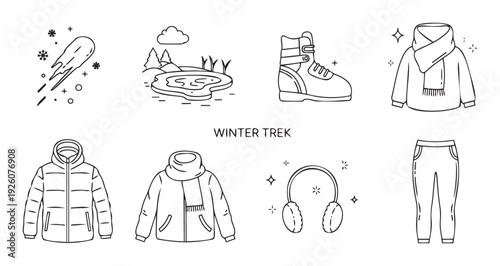 A versatile collection of outline icons showcasing winter trek essentials including warm clothing, boots, and a snowy landscape, perfect for seasonal graphics and cold weather adventure