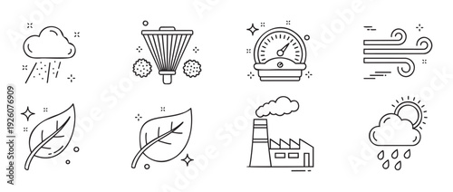 Collection of environmental and weather line icons including rain clouds wind pressure gauge air filter clean leaves and factory pollution for climate change awareness and ecological
