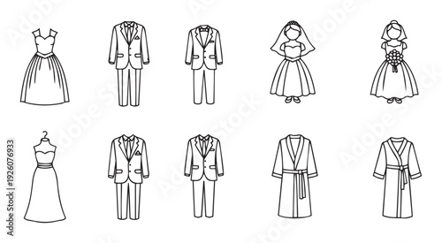 Collection of elegant wedding dresses, formal suits, and comfortable robes line icons, perfect for event planning, fashion blogs, and ceremony invitations graphics