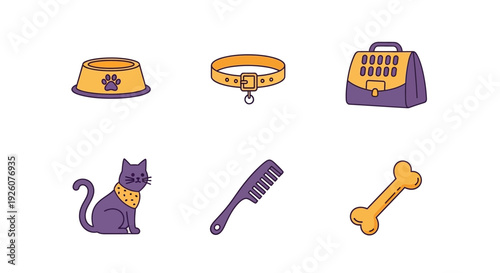 A 2x3 grid of six flatstyle petrelated icons on a white background