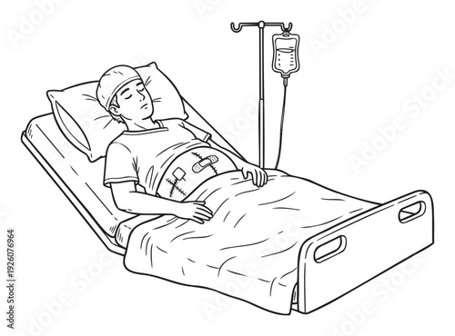 Man recovering in hospital bed with an IV drip and visible surgical bandages after a medical operation useful for healthcare, recovery, and medical procedure concepts.