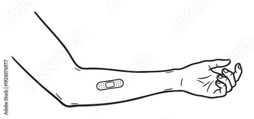A simple black and white line drawing of a human arm with a small bandaid applied to the forearm, perfect for medical safety awareness campaigns and healthcare educational materials.