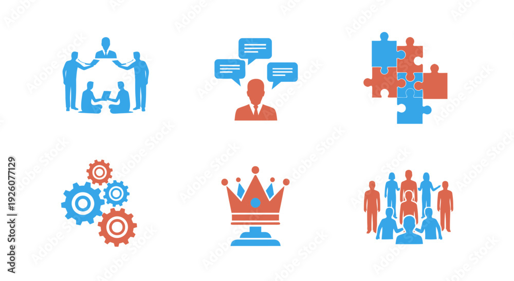 Fototapeta premium Six distinct icons arranged in two rows of three featuring business and teamwork concepts