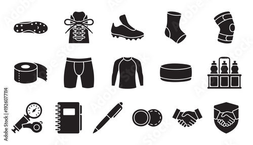 Comprehensive glyph icon set featuring sports equipment, athletic apparel, everyday essentials, business tools, and conceptual symbols for diverse graphic communication and informational
