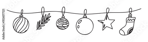Minimalist outline drawing of festive Christmas baubles, star, fir branch, and stocking arranged on a string, ideal for holiday season greetings, party invitations, and decorative graphic