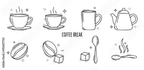 A collection of simple hand drawn doodle coffee break elements including steaming cups, teapot, coffee beans, sugar cubes, and spoons for cafe menus or cozy drink concepts