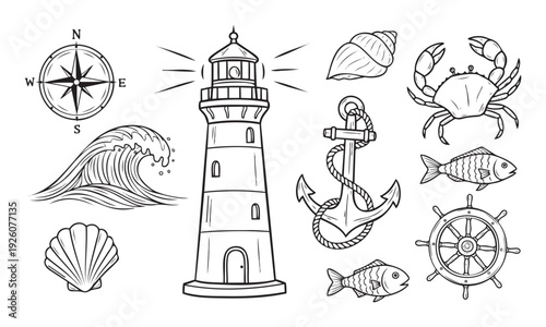 Curated collection of essential sea and ocean themed line drawings including a lighthouse, compass, ship wheel, anchor, fish, crab, and seashells, ideal for marine projects.