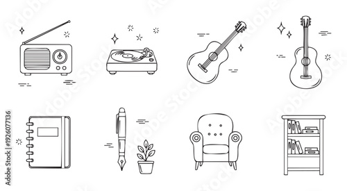 Versatile line art collection featuring various home and leisure objects including a radio, record player, acoustic guitar, notebook, pen, plant, armchair, and bookshelf for creative