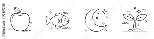 Outline doodle icons depicting an apple, a euro fish, a crescent moon with stars, and a growing plant, perfect for nature themed projects, economic discussions, astrological applications,
