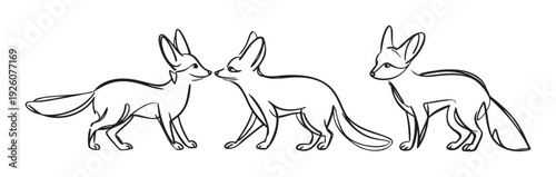 Dynamic minimalist line drawing showcasing fennec foxes in various poses, from affectionate interaction to individual exploration, ideal for captivating childrens book covers, ecoconscious