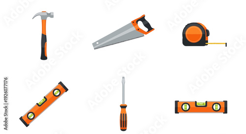 Six construction tools hammer handsaw tape measure two levels and a screwdriver