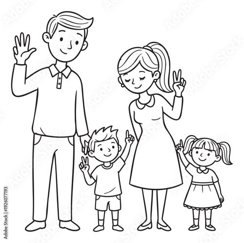 A cheerful family group featuring father, mother, son, and daughter standing together and smiling, ideal for illustrating themes of happiness, unity, and parental love for various media.