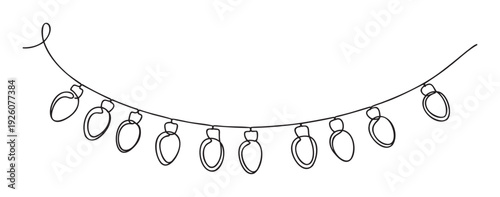 Continuous line drawing of a charming string of hanging light bulbs, perfect for minimalist holiday decorations, festive event graphics, or simple visual accents.