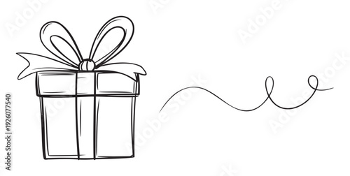 A simple black outline sketch of a beautifully wrapped present with a decorative bow and a flowing continuous line, perfect for holiday greetings, birthday invitations, or celebration event