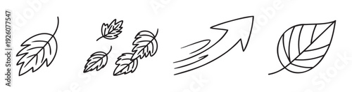 Minimalist black outline illustrations featuring different leaf shapes and an energetic upward arrow graphic, perfect for ecological presentations, website icons, or simple design accents.