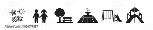 Collection of simple black vector icons depicting outdoor park and playground elements including children, a tree, bench, fountain, swings, slide, and play structure, ideal for graphic