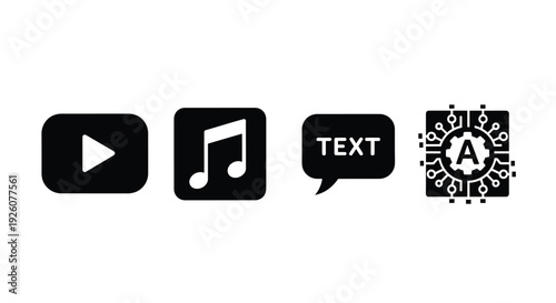 Four black icons representing play music text and a steampunk letter