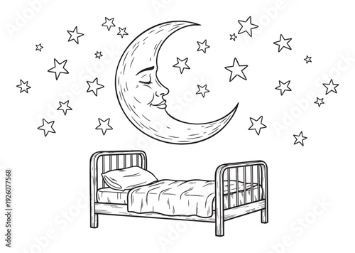 Sleeping crescent moon with a serene face floats above a cozy vintage bed surrounded by many twinkling stars, perfect for childrens books, nursery decor, or bedtime story visuals.