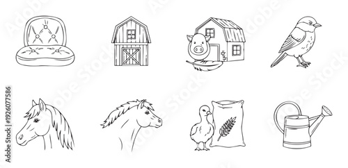 Simple line drawings of farm life elements, domestic animals, furniture, and garden tools, ideal for educational resources, coloring pages, and graphic applications