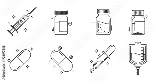 Essential healthcare medical icons set depicting syringes, pill bottles, capsules, droppers, and IV bags, perfect for modern digital health applications and educational resources