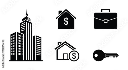 Black and white icons representing real estate business and financial transactions