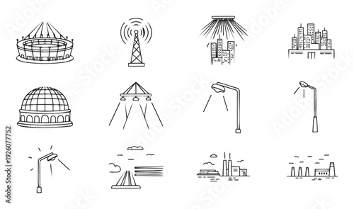 Outline vector collection showcasing various urban infrastructure and industrial components, including modern sports venues, communication masts, city building skylines, public street