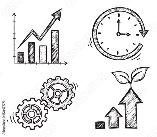 Hand drawn business and environmental growth symbols with time management and mechanical process concepts for illustrating progress development and efficiency in corporate presentations