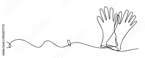 Continuous line drawing depicting protective gloves, useful for safety awareness campaigns, hygiene product promotions, and graphic elements in cleaning service advertisements.