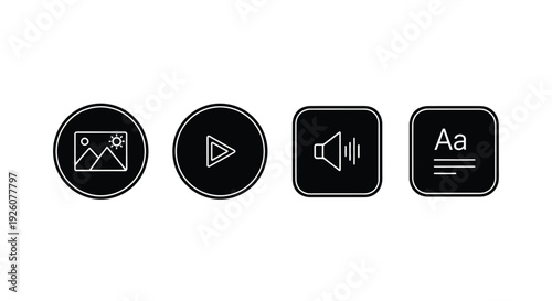 Four black icons representing image play sound and text options