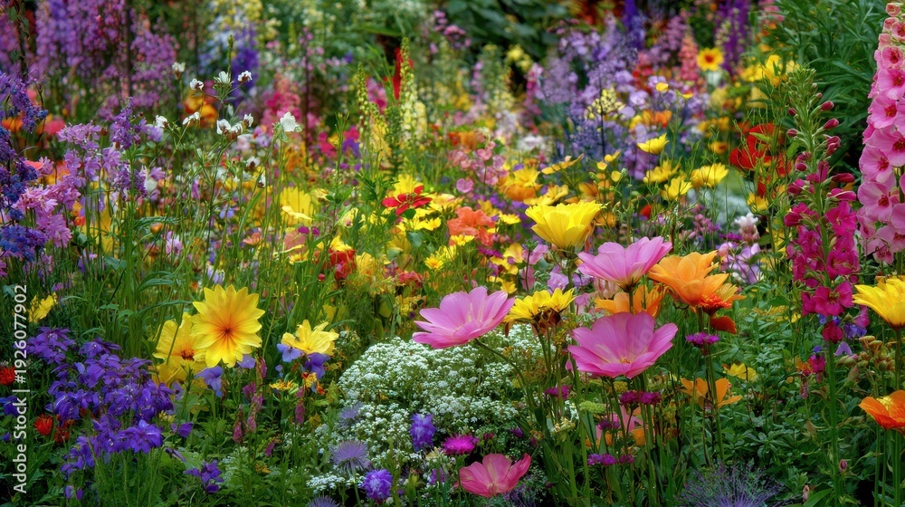 Obraz premium Vibrant Meadow Overflowing With Diverse Wildflowers In Full Bloom Under Bright Daylight