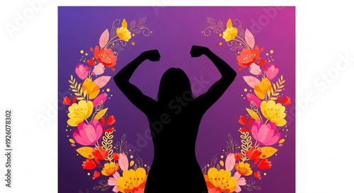 Strong woman flexing muscles with floral background symbolizing empowerment and beauty
