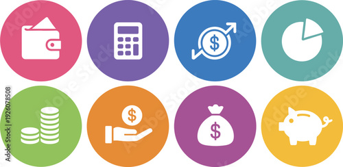 Colorful Circular Icons Representing Financial Concepts and Savings wallet icon calculator icon